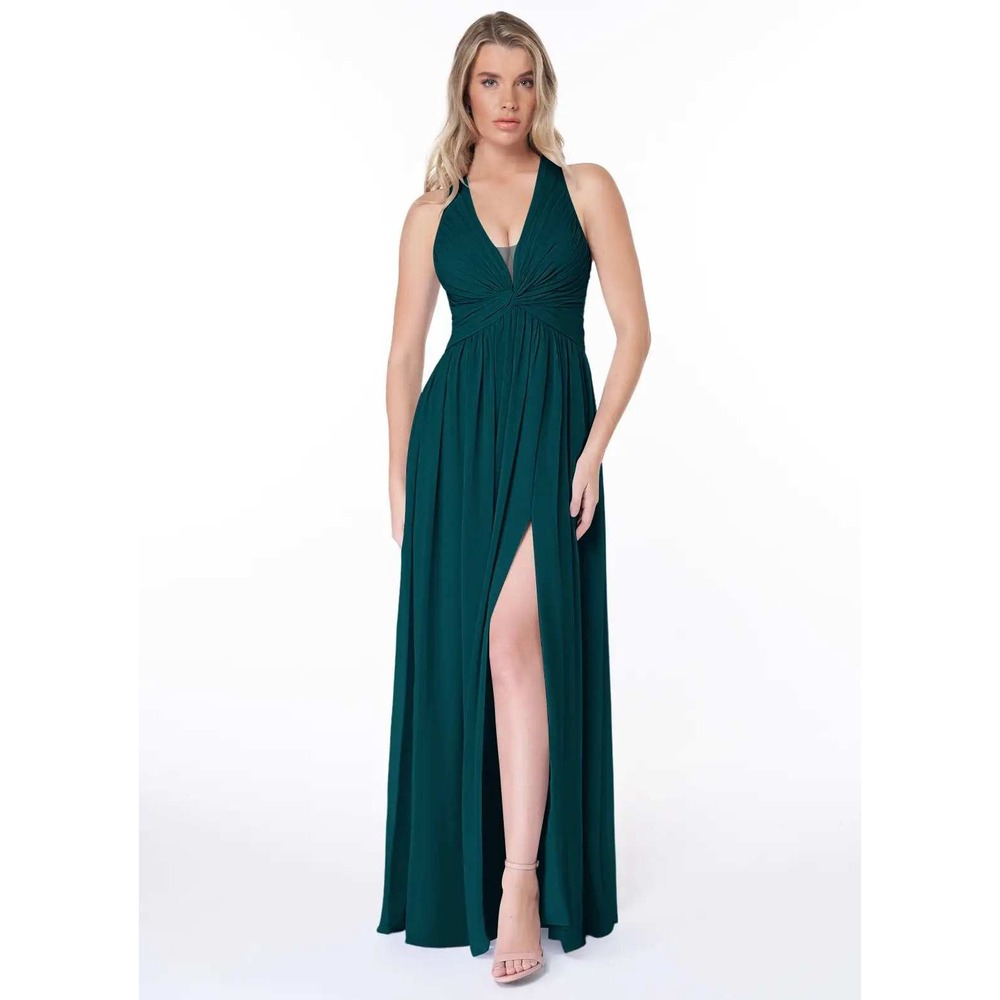 Azazie Jaclyn Gown Women A6 Pine V Neck Pleated Chiffon Maxi Formal Wedding